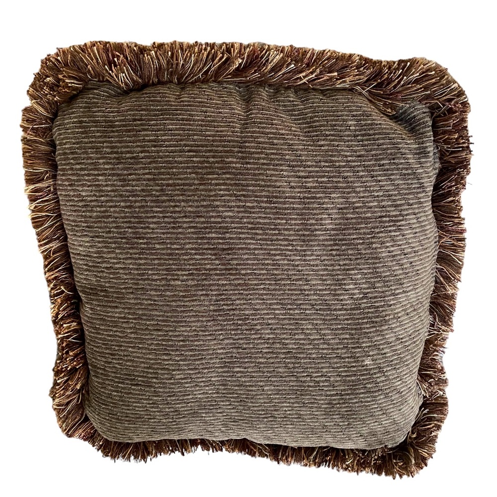 16" Square Accent Pillow Reversible Neutral Brown Chenille and Fabric Fringe